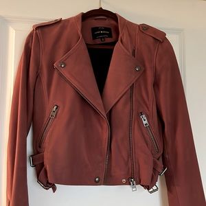 Soft as butter Lucky Brand lamb skin bomber jacket in Dusty Rose.